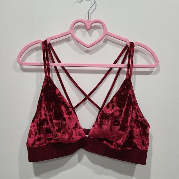 PINK Victoria's Secret Womens Sz L Burgundy Red Velvet Strappy Bralette Triangle - Picture 2 of 7